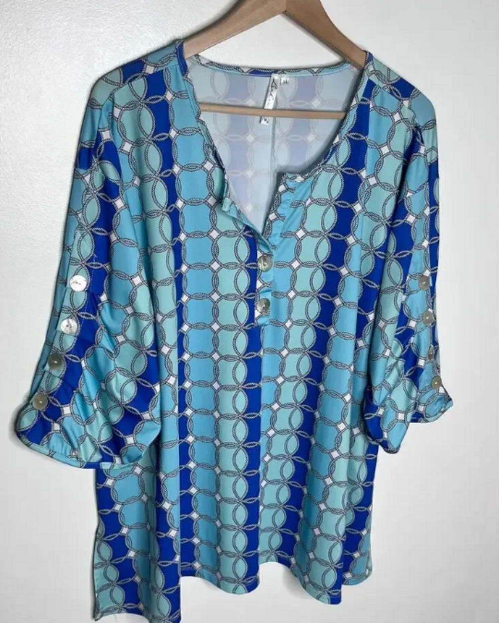 Blue Chain Print V Neck Tunic Blouse